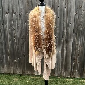 La Seine Tan Cardigan Vest Cape  with Luxurious Brown Gold Faux  Fur Trim NWT
